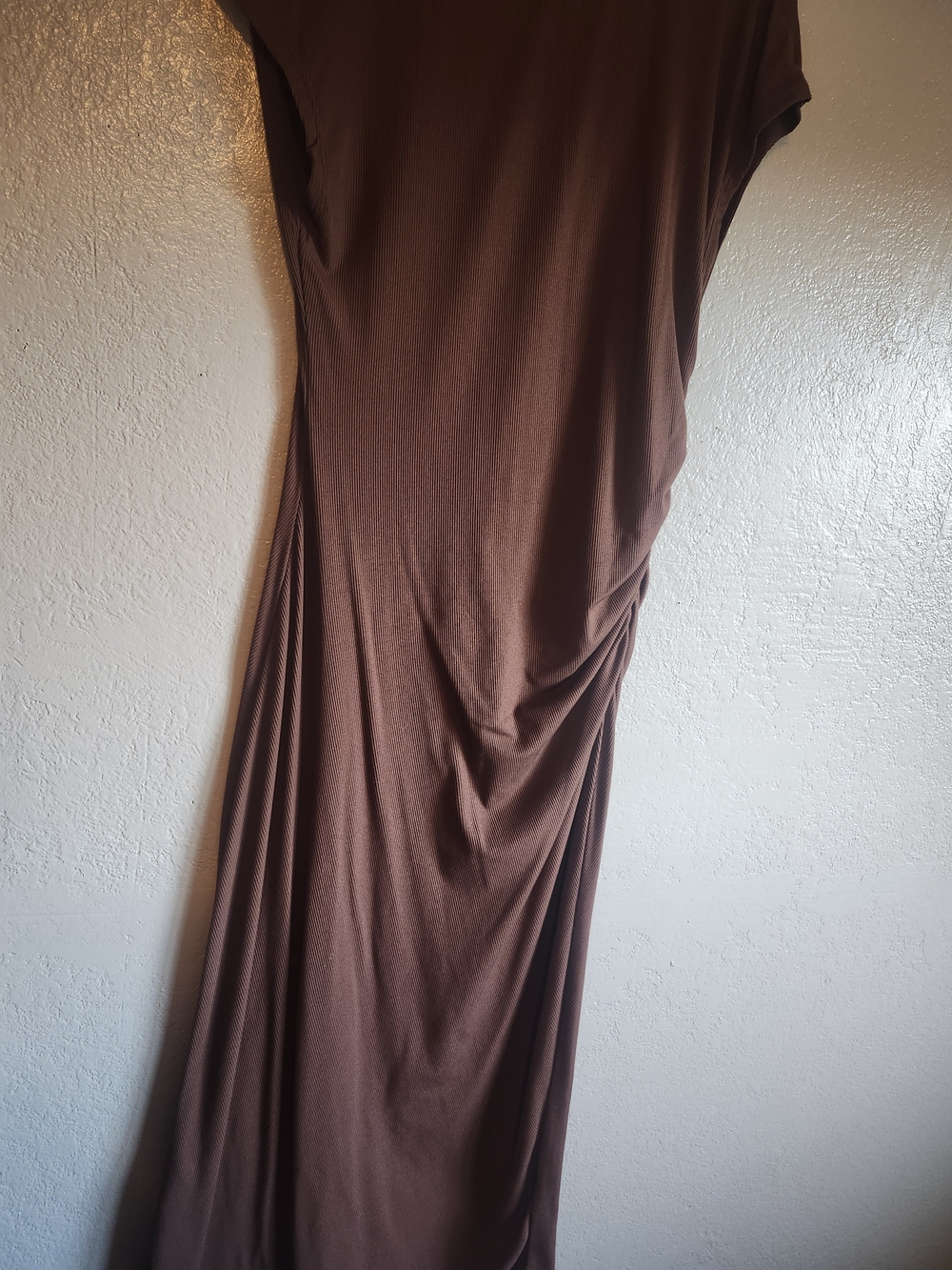 Brown Ruched Ribbed Maxi Dress - Flattering & Stretchy - Picture 4 of 4